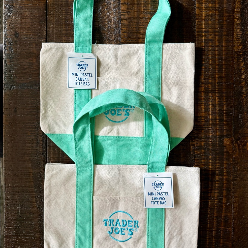 Trader Joe's Canvas Totes with Mint/Blue Accents, lot of 2 NWT